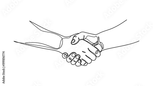 Continuous line drawing of a business handshake between two people.
