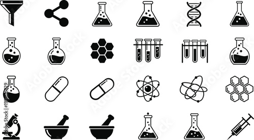 Chemistry and science icons set laboratory equipment symbols silhouette and outline vector illustration