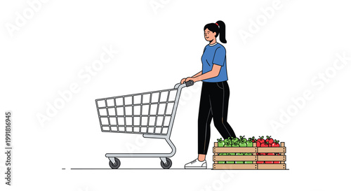A cheerful young woman in a blue shirt pushes a silver metal shopping cart past crates of fresh red and green apples against a clean white background.