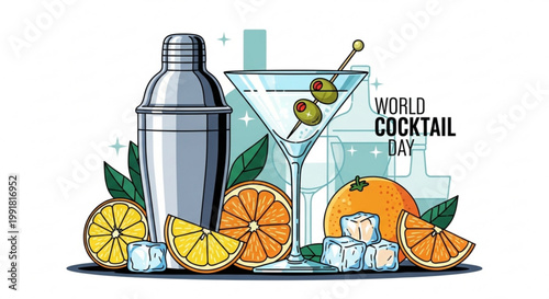 Cocktail shaker with martini glass olives oranges and ice cubes on a white background celebrating world cocktail day