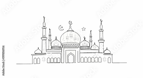 A simple line drawing depicts a grand mosque with multiple domes and minarets, adorned with celestial symbols
