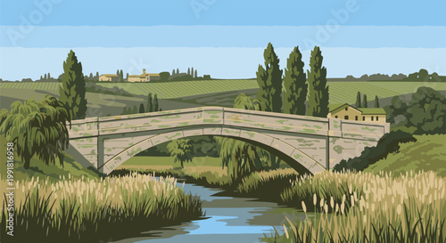 A stone arch bridge crosses a gentle stream, with reeds and trees. Fields and houses in background