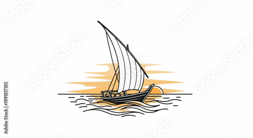 A stylized ancient vessel sails on gentle waves under a setting sun with light orange clouds
