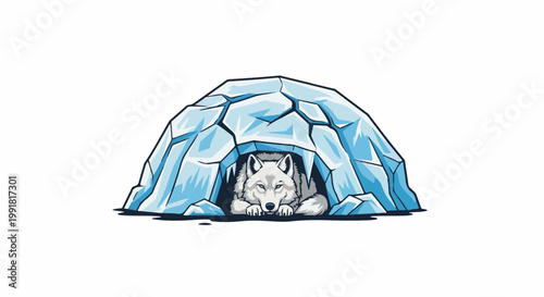 A stylized arctic wolf rests within a cave-like ice structure, its fur white against the blue ice