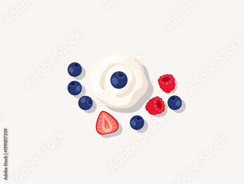 Flat lay illustration of greek yogurt swirl surrounded by fresh blueberries, raspberries and strawberry slice
