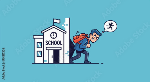 A student with a large backpack appears to be fleeing from a school building
