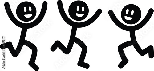 Three cheerful stick figure characters jumping for joy with raised arms and smiles