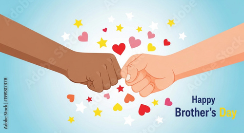 Two hands bumping fists in celebration with colorful hearts and stars on a light blue background for sibling bonding