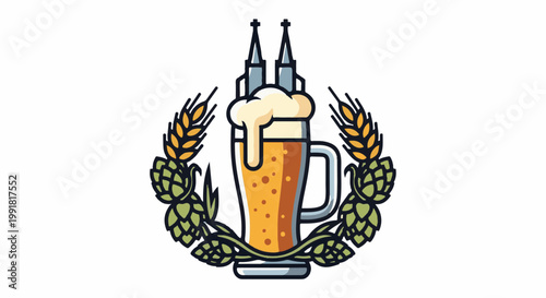 A stylized beer mug with foam, surrounded by wheat and hops, with twin spires