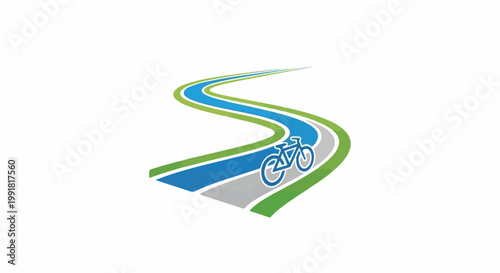 A stylized bicycle rides on a curving path with green and blue accents