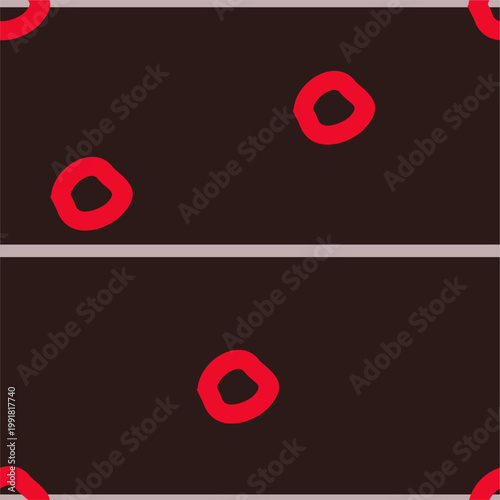  Seamless abstract stripes pattern with red circles on  brown background. Horizontal stripes. Ideal for backgrounds and textile designs. Seamless vector Design for print, wrapping, wallpaper

