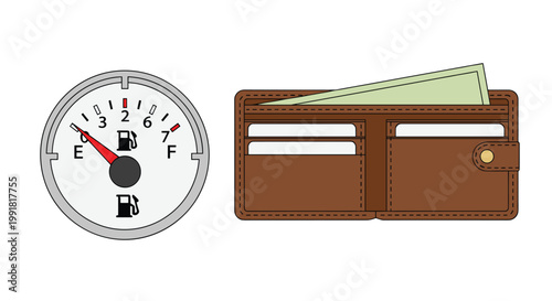 A meticulous illustration of a circular fuel gauge with a red needle pointing towards empty positioned next to a brown leather wallet on a white backdrop.