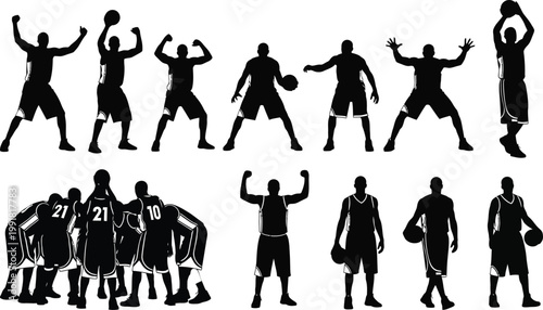 Diverse silhouettes of basketball players in dynamic action poses and team huddle Vector