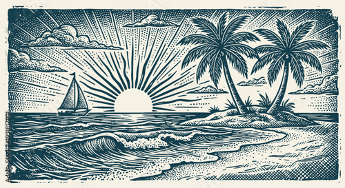 Vintage Engraving Style Tropical Beach Sunset - Retro Woodcut Illustration of Sailboat, Palm Trees, and Ocean Waves