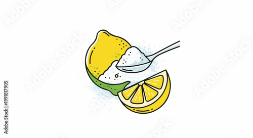 A stylized illustration depicts a whole lemon, a slice, and a spoon filled with white granular sugar