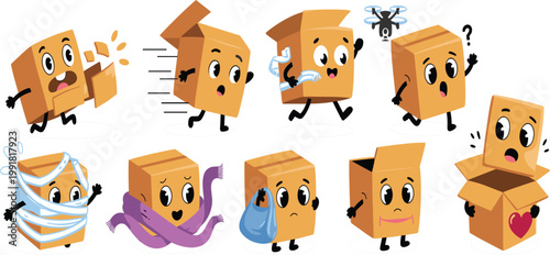 Collection of cute delivery box characters with various emotions for logistics and shipping concept vector