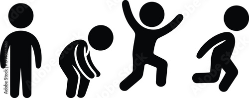 Four icons depicting different human actions and postures in a sequence