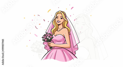 A smiling bride in a pink dress and veil holds a bouquet amidst falling confetti