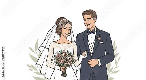 A smiling bride in a lace gown and veil, holding a bouquet, with a groom in a suit