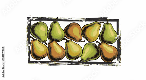 A stylized arrangement of ten pears, with varied green and brown hues, within a textured rectangular border