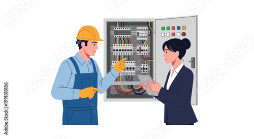 A skilled electrician wearing blue overalls and a yellow hard hat points at an open electrical circuit panel while a professional businesswoman takes notes.