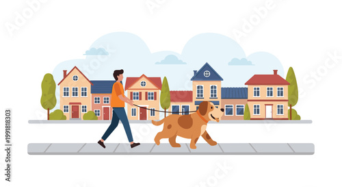 A young man wearing an orange t-shirt and blue jeans walks a large brown and white spotted dog on a leash through a quiet and colorful suburban neighborhood.