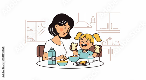 A smiling mother and daughter enjoying breakfast together, holding toast
