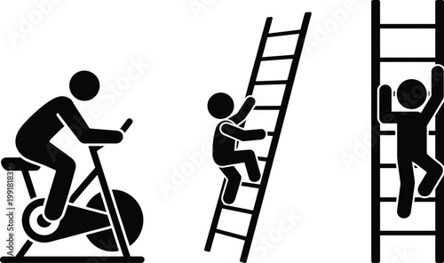 Three stages of climbing and cycling challenges illustrated by stick figures