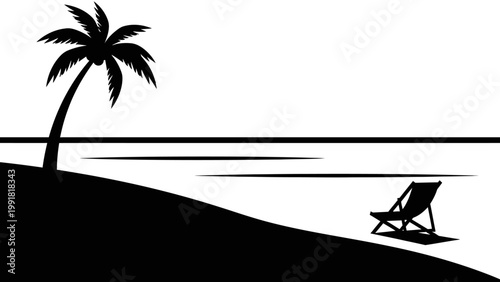 Tropical Beach Silhouette: Palm Tree and Lounge Chair on Island Shoreline