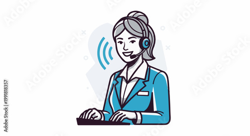 A smiling woman in a blue jacket and headset speaks, with sound waves emanating