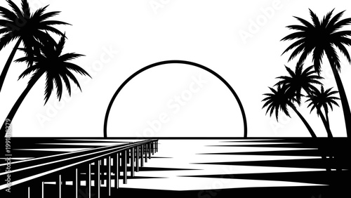 Retro Sunset Over Ocean with Palm Trees and Pier Silhouette