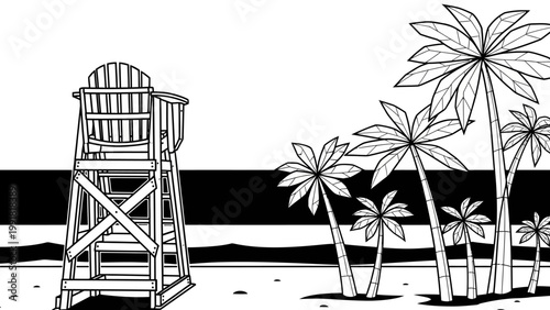 Lifeguard Tower and Palm Trees on a Tropical Beach - Black and White Line Art