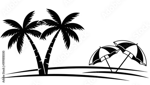Tropical Beach Scene with Palm Trees and Umbrellas