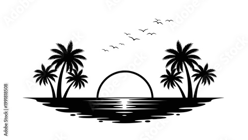 Tropical Sunset Silhouette: Palm Trees, Ocean Reflection, and Flying Birds