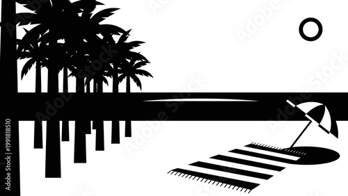 Tropical Beach Scene: Palm Trees, Sun, Beach Towel, Umbrella, Ocean Reflection