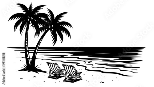 Tropical Beach Scene with Palm Trees and Lounge Chairs - Black and White