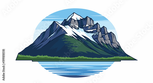 A snow-capped mountain range rises behind a dark green forest, reflected in a serene blue lake