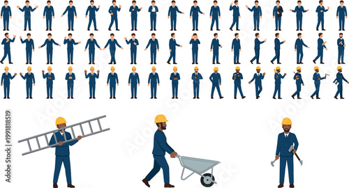 Construction Worker Vector Set, Different Poses with Tools, Ladder, and Wheelbarrow for Building Illustrations