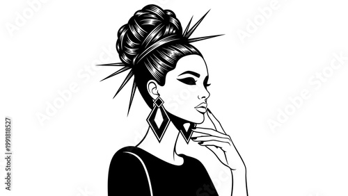 Elegant Woman Portrait, Dramatic Hairstyle, Bold Earrings, Black and White Fashion Illustration