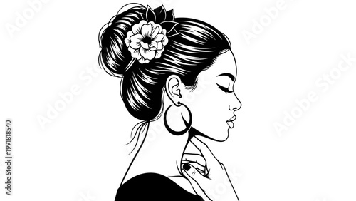 Elegant Woman Portrait, Profile View, Updo Hairstyle with Flower, Large Hoop Earrings, Black and White