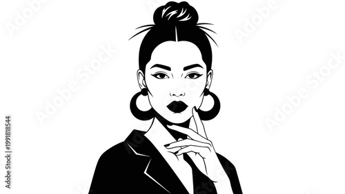 Stylish Woman with Bun Hairstyle and Large Hoop Earrings, Black Blazer, Bold Lipstick