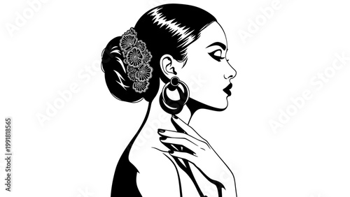 Elegant Woman Profile, Vintage Hairstyle, Large Hoop Earrings, Black and White Silhouette