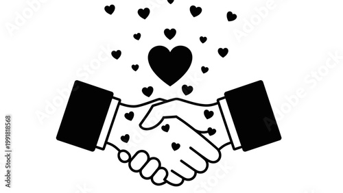 Handshake with hearts, symbol of partnership, agreement, love, and unity