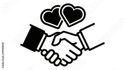 Partnership handshake with hearts icon, symbolizing love, trust, and successful business collaboration.