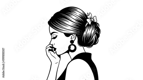 Elegant Woman with Updo Hairstyle and Bow, Side Profile, Vintage Style
