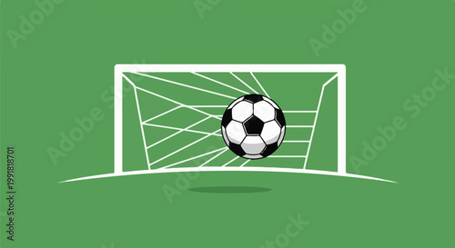 A soccer ball hovers mid-air in front of a white goal net on a green field