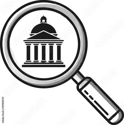 Magnifying glass, government building, inspection icon, search symbol, black and white