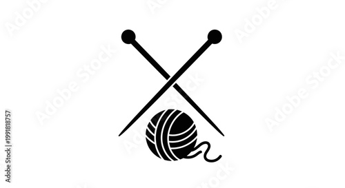 Black and white icon of crossed knitting needles and a ball of yarn.