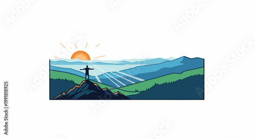 A solitary figure stands with arms outstretched on a rocky peak, embracing the dawn sun over layered mountains