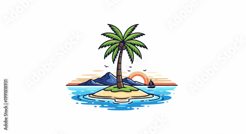 A solitary palm tree thrives on a sandy island amidst blue waters, a sailboat on the horizon